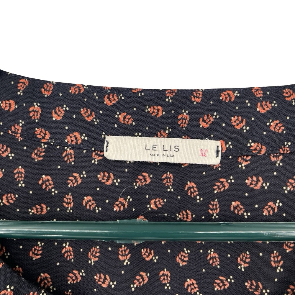 Le Lis Women's Blouse M Navy Orange Floral Tie Sleeve Made USA Boho Pullover Top - Picture 2 of 6